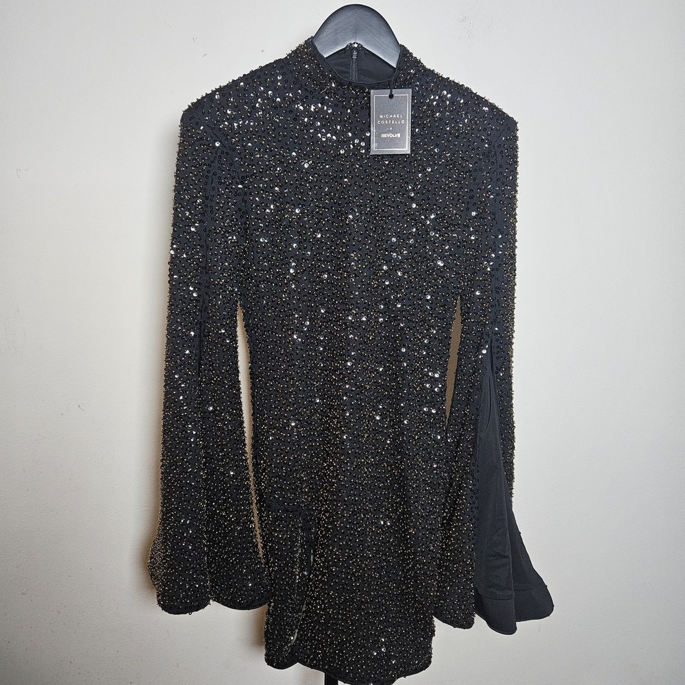 Michael Costello x REVOLVE Mr Gibson Sequin Beaded Mini Dress Bell Sleeve Black